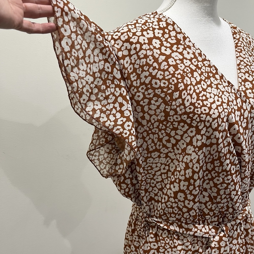 Pretty‎ Garden Womens Maxi Dress XXL Flutter Sleeve Leopard Brown Belted Dainty - Picture 3 of 10